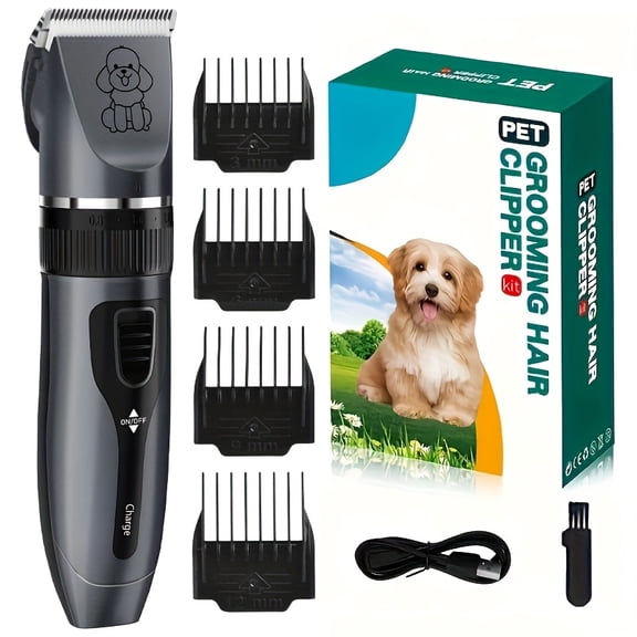 Professional Dog Grooming Kit - USB Rechargeable Electric Clippers with Thick Ceramic Blades, Brush & Measuring Tool Set for Cats and Dogs