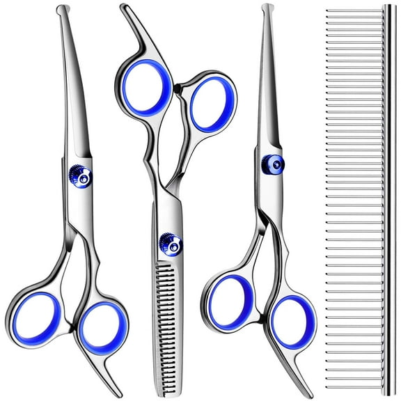 Professional Dog Grooming Scissors Kit,Titanium Coated Dog Scissors for Grooming,Grooming Shears Kit - Straight,Thinning,Curved Scissors and Comb for Dog Cat Pet (Blue 5 in 1)