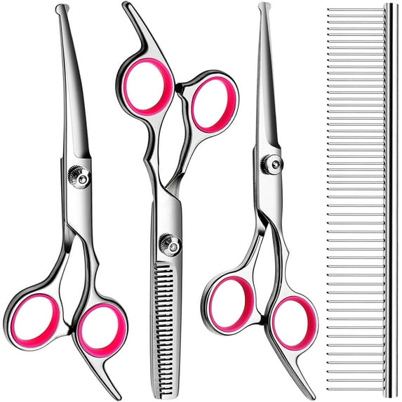 Professional Dog Grooming Scissors Kit, Titanium Coated Dog Scissors for Grooming, Grooming Shears Kit for Dogs Cat At Home (Pink 5 in 1)