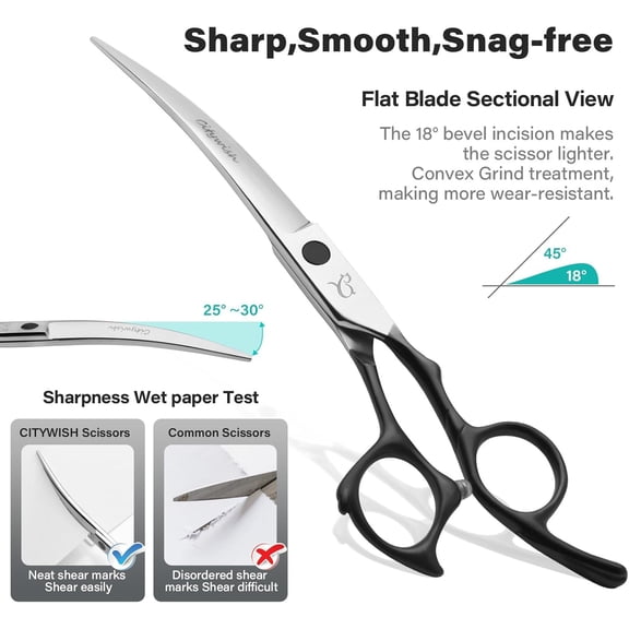 Professional Dog Grooming Scissors Set - 5 in 1 Curved Thinning Shears with Safety Tips for Cats Rabbits