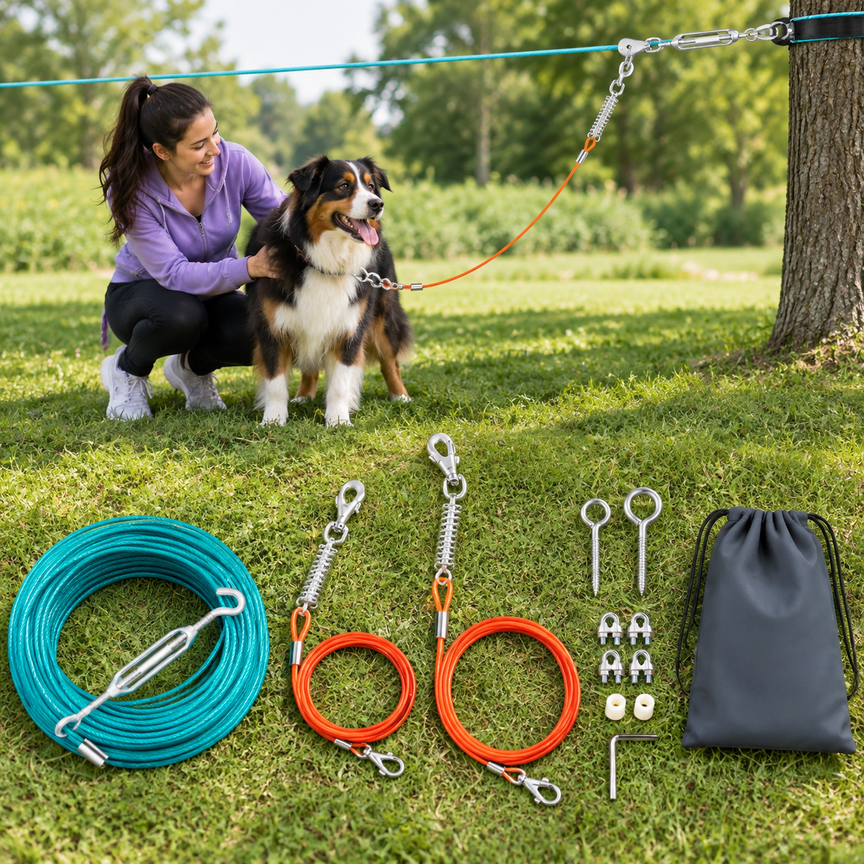 Troller Dogs Professional Dog Runner Trolley System Heavy Duty & Adjustable 40ft Zip ...
