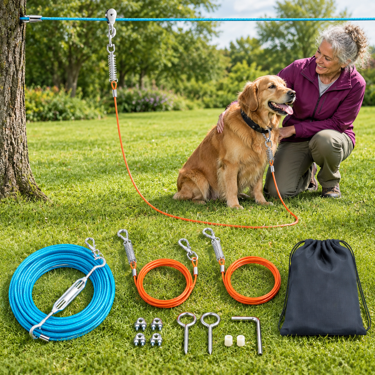Troller Dogs Professional Dog Runner Trolley System Heavy Duty & Adjustable 60ft Zip ...