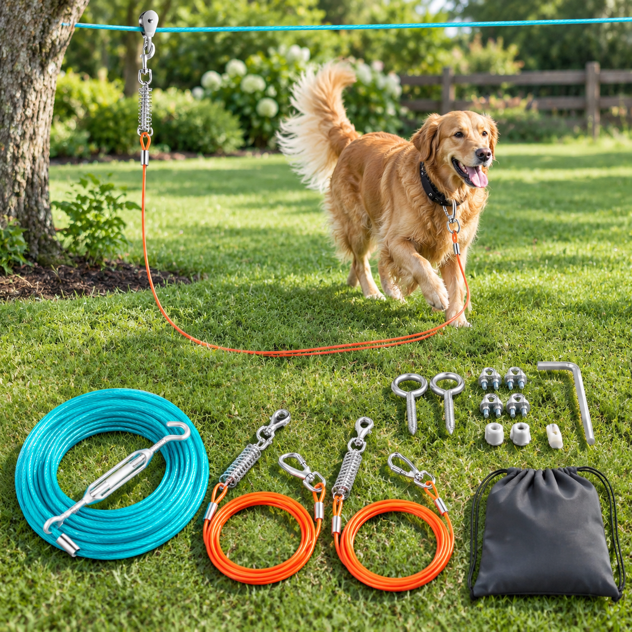 Troller Dogs Professional Dog Runner Trolley System Heavy Duty & Adjustable 65ft Zip ...