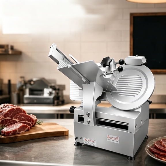 Professional Double-motor Meat Slicer, 550W Commercial Automatic Food Slicer with 10 inch Carbon Steel Blade, 0-6 mm Adjustable Thickness Deli Slicer for Frozen Meat and Ham