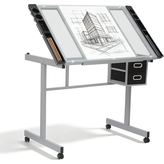 Professional Drafting Table for Adults Teens, Tilting Glass Tabletop Art Craft Desk Diamond Watercolor Paintings Sketching Work Station for Home Office Reading, Writing, Crafting (Clear)