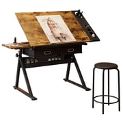 Adjustable Drafting Table with Stool, Rustic Brown Wood, 2 Drawers, 0-75  Tiltable Top