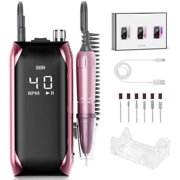Professional Drill 40,000 RPM, Rechargeable,LCD Display E File Machine for Nails Gel Polishing Removing Portable Nails Efile Tools for Manicure Salon & ()