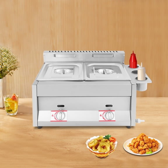 Professional Dual Tank Gas Deep Fryer, 10.6QT (2x5.3QT) Capacity & 18,000 BTU, Commercial Stainless Steel Fryer with Baskets & Seasoning Station for Restaurant, Food Truck, Home Use