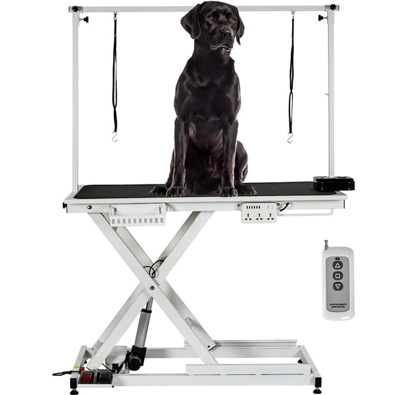Professional Electric Dog Grooming Table Heavy Duty Pet Grooming Table Height Adjustable w/Leveling Wheels, Dog Grooming Arm, Anti Slip Tabletop &Tool Organizer, Dog Grooming Station 50" White