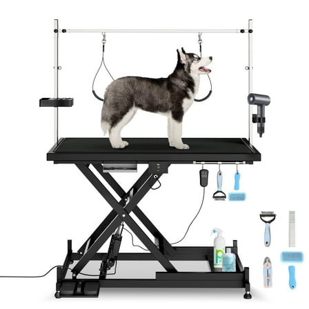 Professional Electric Grooming Table, Height Adjustable Lift Dog Table with Anti-Slip Tabletop, Grooming Arm and Tool Organizer, Capacity 330 LBS, Black