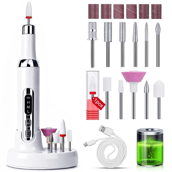 Electric Nail Drill Machine, Cordless Nail Drill with 12 Bits & Sanding Bands, High Torque Doxiry for Acrylic Nail Removal, White