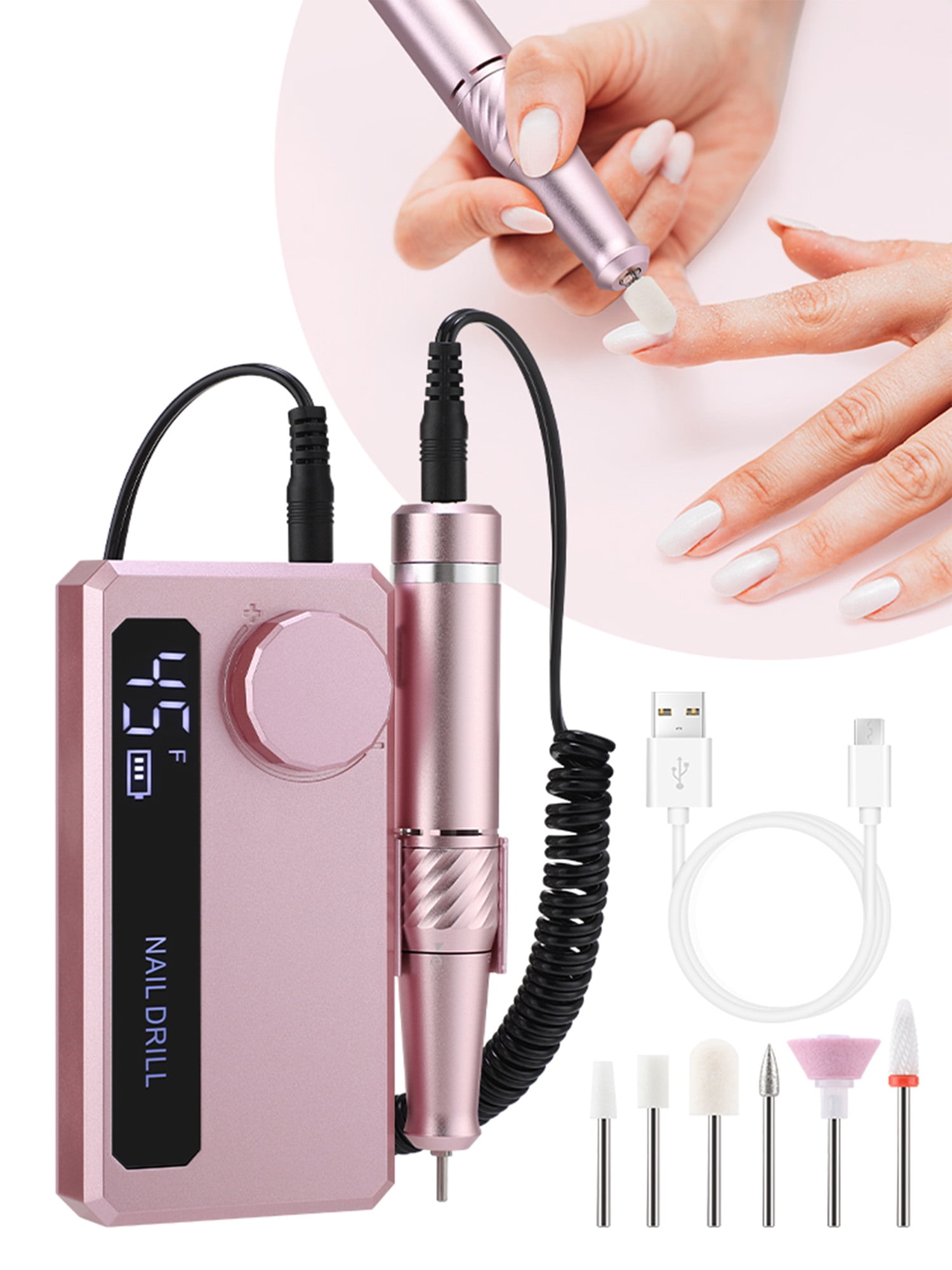 Professional Electric Nail Drill Electric File 45000RPM (Portable & Rechargeable) Portable Nail Drill Machine Kit for Manicure Pedicure Nail Set with Everything Lightweight LCD Display (Pink)