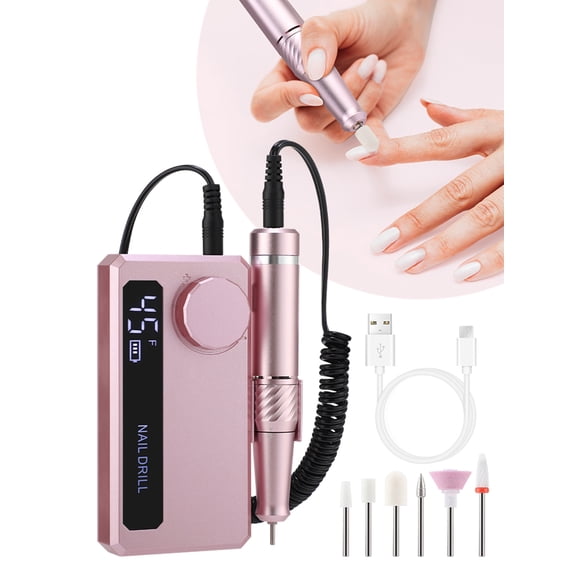 Professional Electric Nail Drill Electric File 45000RPM (Portable & Rechargeable) Portable Nail Drill Machine Kit for Manicure Pedicure Nail Set with Everything Lightweight LCD Display (Pink)