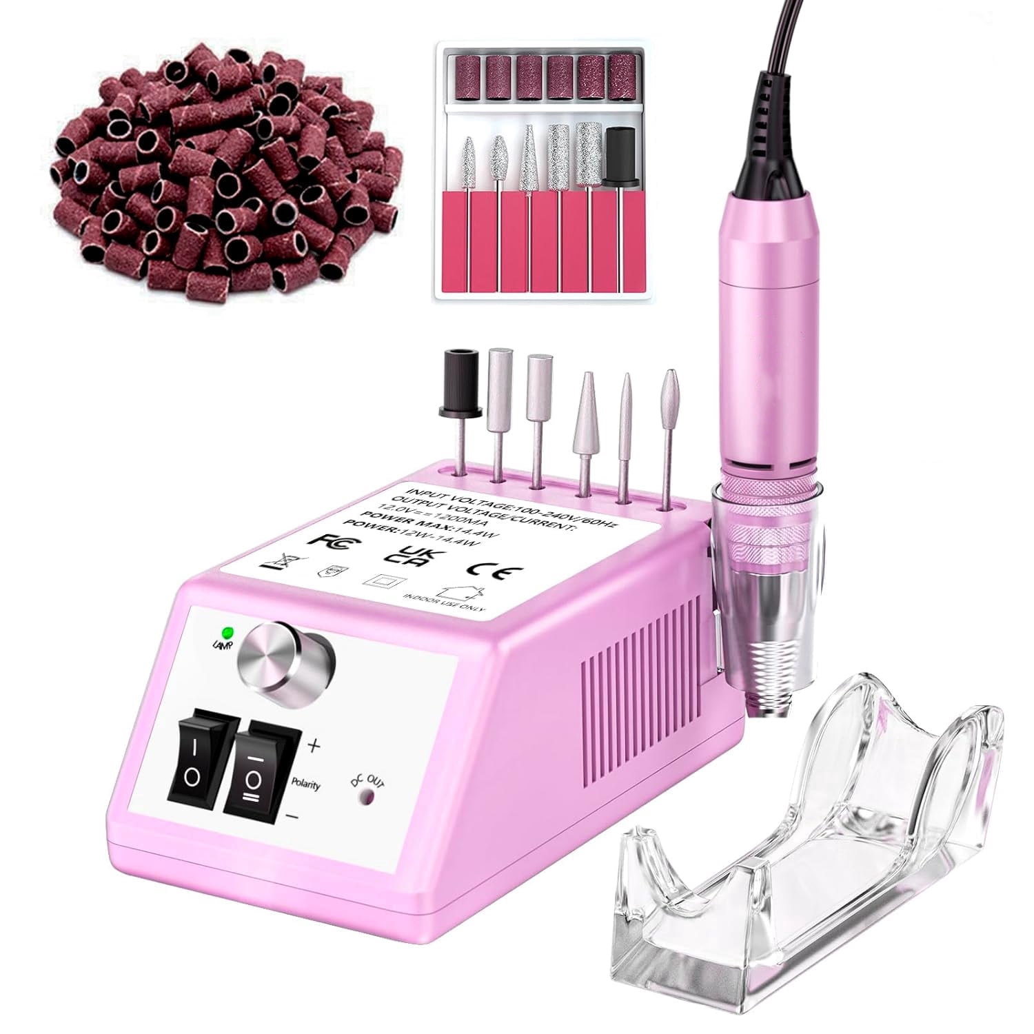 Professional Electric Nail Drill Kit, 30000 RPM Manicure Pedicure Machine with 6 Bits & 100 Sanding Bands, Pink