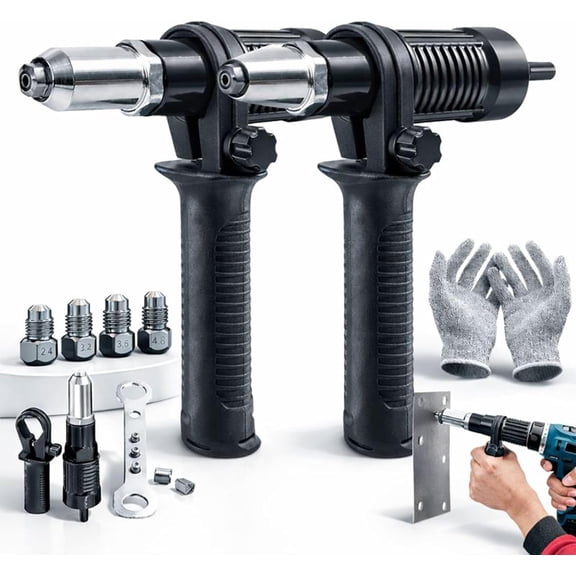 Professional Electric Rivet Gun Adapter Kit, Pro-Grade Electric Rivet Gun Adapter with Removable Handle 4 Rivet Heads for Cordless Screwdrivers and Drills Turn Your Drill into a Riveting Beast (2PCS)