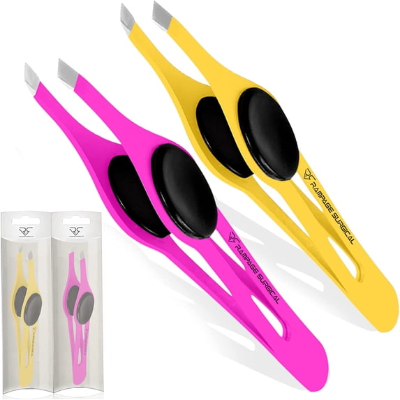 Professional Eyebrow Tweezers Slanted Tip Stainless Steel 2,3xPcs Set, Non-Slip Grip Slant for Facial Hair, Plucking Removing Ingrown Hairs, Tweezer Women Men (Yellow&Pink)