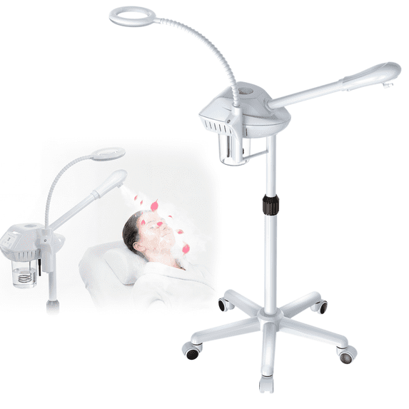 Professional Facial Steamer, 2 in 1 Facial Steamer on Wheels with 5X Magnifying Lamp, Steamer for Face Adjustable Height, Steamer for Facial for Salon, Spa and at Home Use, White