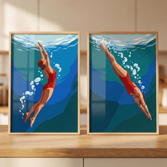 Professional Female Diver Wall Art Minimalist Swimming Decor Graphic Underwater Set 2 Stretched Canvas 8x12