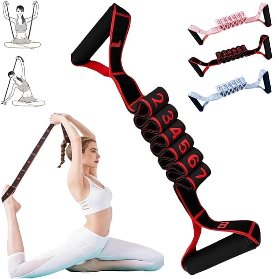Professional Fitness Resistance Band with Padded Handles, 8 Adjustable Levels for Yoga, Stretching, and Full Body Toning, Red