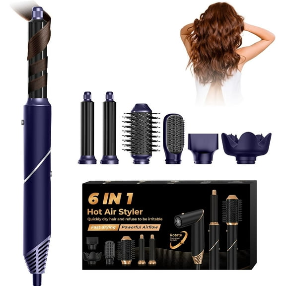 Professional Foldable Air Styler & Hair Dryer Set, 6-in-1 High-Speed Ionic Styler with Auto-Wrap Barrels & Volumizing Brushes, No Heat Damage