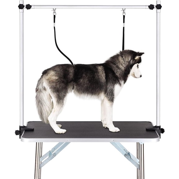 Professional Foldable Dog Grooming Table, Adjustable H-Arm, 330 LBS Capacity, 24 x 47" Tabletop With Nooses & Mesh Tray