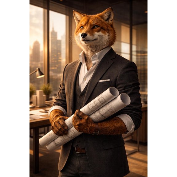 Professional Fox Architect Portrait Anthropomorphic Animal Office Wall Art Poster Decor 24x36 UNFRAMED