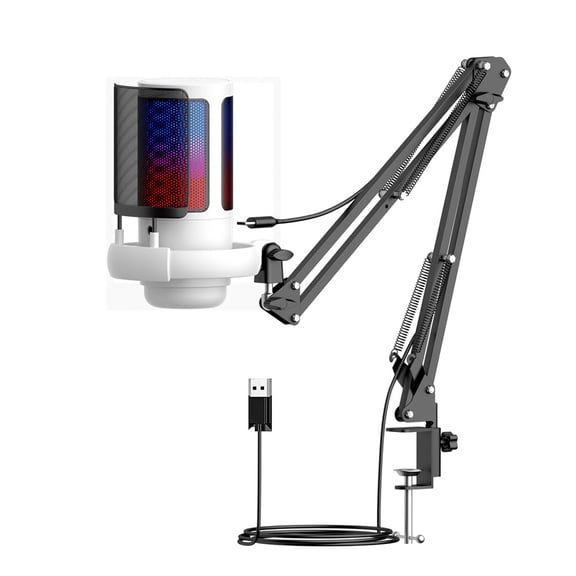 Professional Gaming Microphone Desktop USB Clip Mount Mic with Detachable Metal Shock Mount & LED Light Effects
