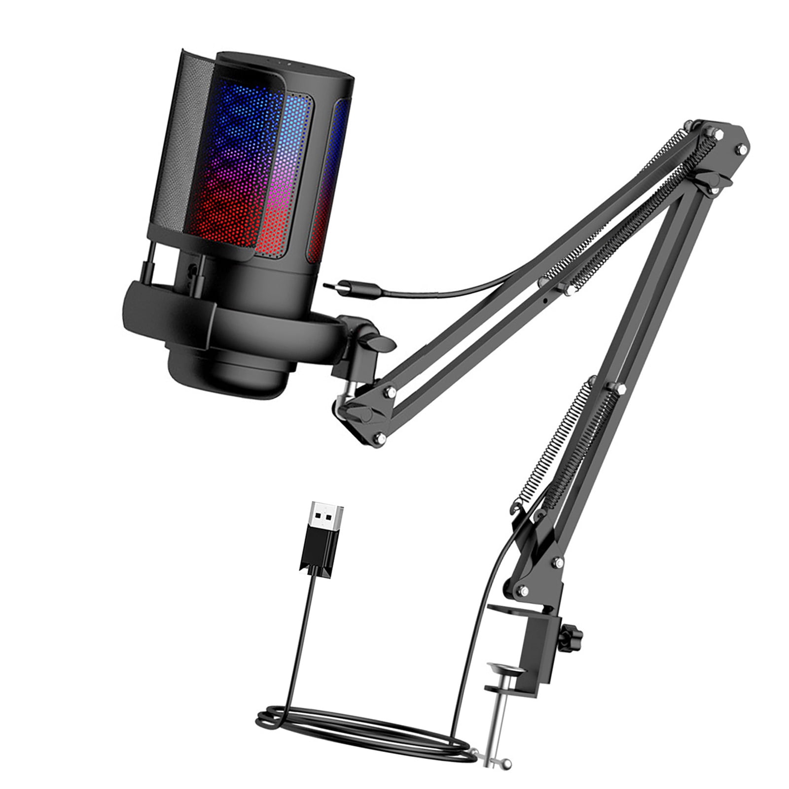 Professional Gaming Microphone Desktop USB Clip Mount Mic with Detachable Metal Shock Mount & LED Light Effects