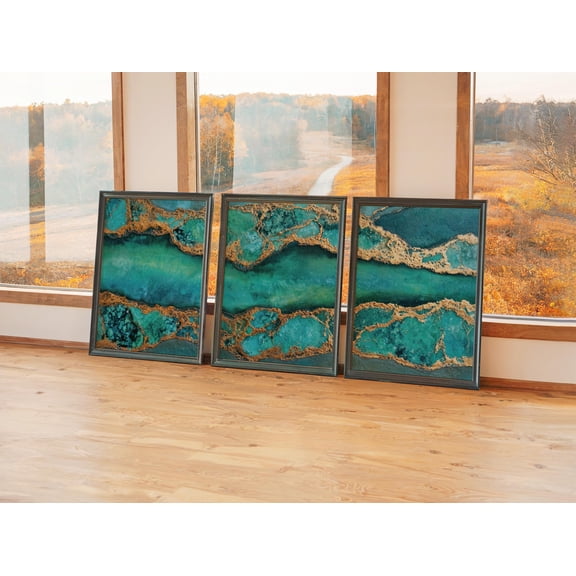 Professional Geological Triptych Modern Turquoise And Copper Mineral Gallery Set Decorative Wall Art Poster, , Poster Only