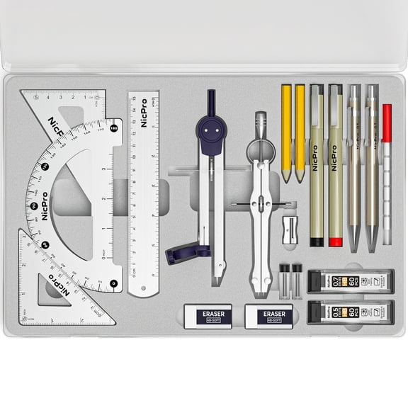 Professional Geometry Set Drafting Tools 20PCS with Storage Box