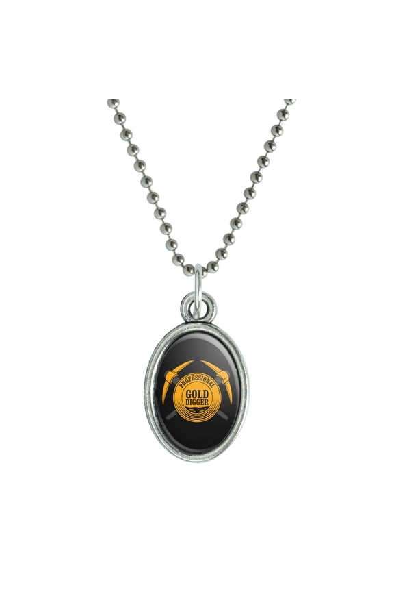 Professional Gold Digger Pickaxe Pan Antiqued Oval Charm Pendant with Chain