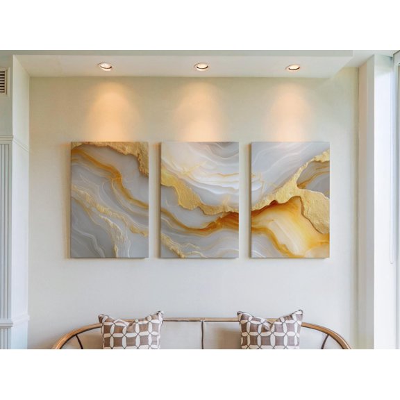 Professional Golden Marble Triptych Luxury Stone Cream Gallery Set For Work Decorative Wall Art Poster, , Poster Only