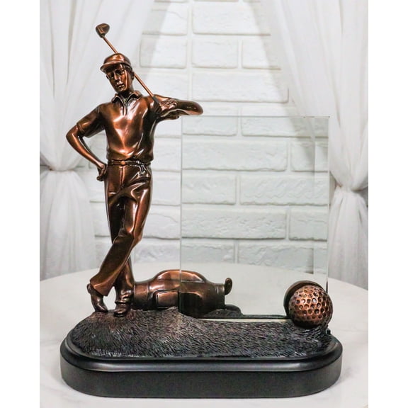 Professional Golfer With Golf Club Caddy Bag Bronzed Statue With Beveled Glass