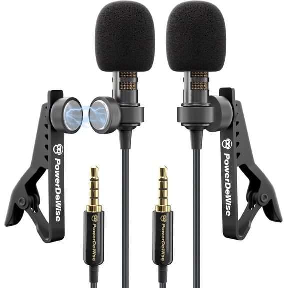 PowerDeWise Dual Lavalier Microphone Set, Wired Clip-On Lapel Microphones with Extension Cables and TRS Adapter, Plug and Play for Smartphones, DSLR Cameras, Interviews, Vlogging, Podcasts