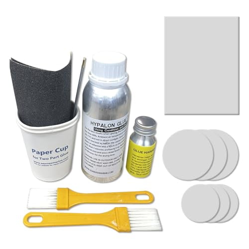 Professional Grade 2 Part Hypalon Marine Adhesive Kit (280g) with Grey Patch Material, Marine-Grade with Application Tools  Good for All Inflatable Boats, Rafts, Dinghies, Kayaks, SUPs