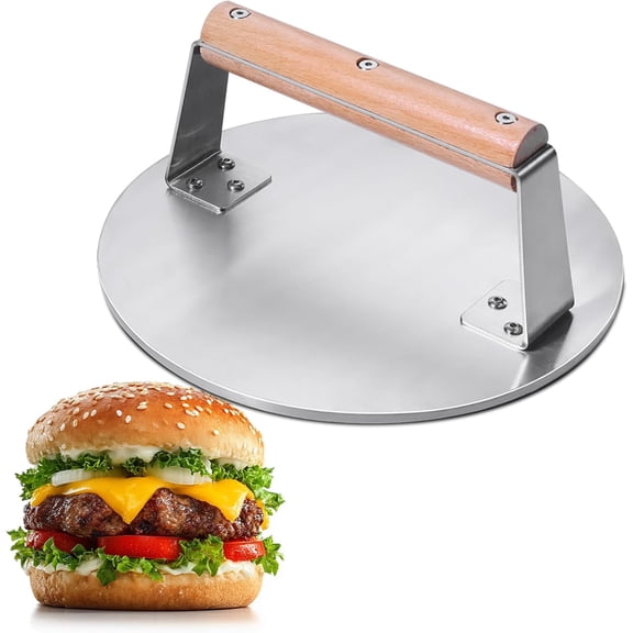 Professional-Grade 8.5-Inch Extra-Large Burger Press Heavy Duty Stainless Steel Wooden Handle 3.65 lbs Easy to Clean for Hamburger Patties Bacon & Sandwiches Premium Grilling Tool