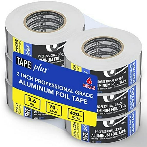 TapePlus Aluminum Foil Tape - Heat Resistant Tape & High Temperature Seal - Thermal Duct Insulation & HVAC Seal - Waterproof Metal Adhesive for Ductwork - Pack of 6, 2 in x 210 ft, Silver