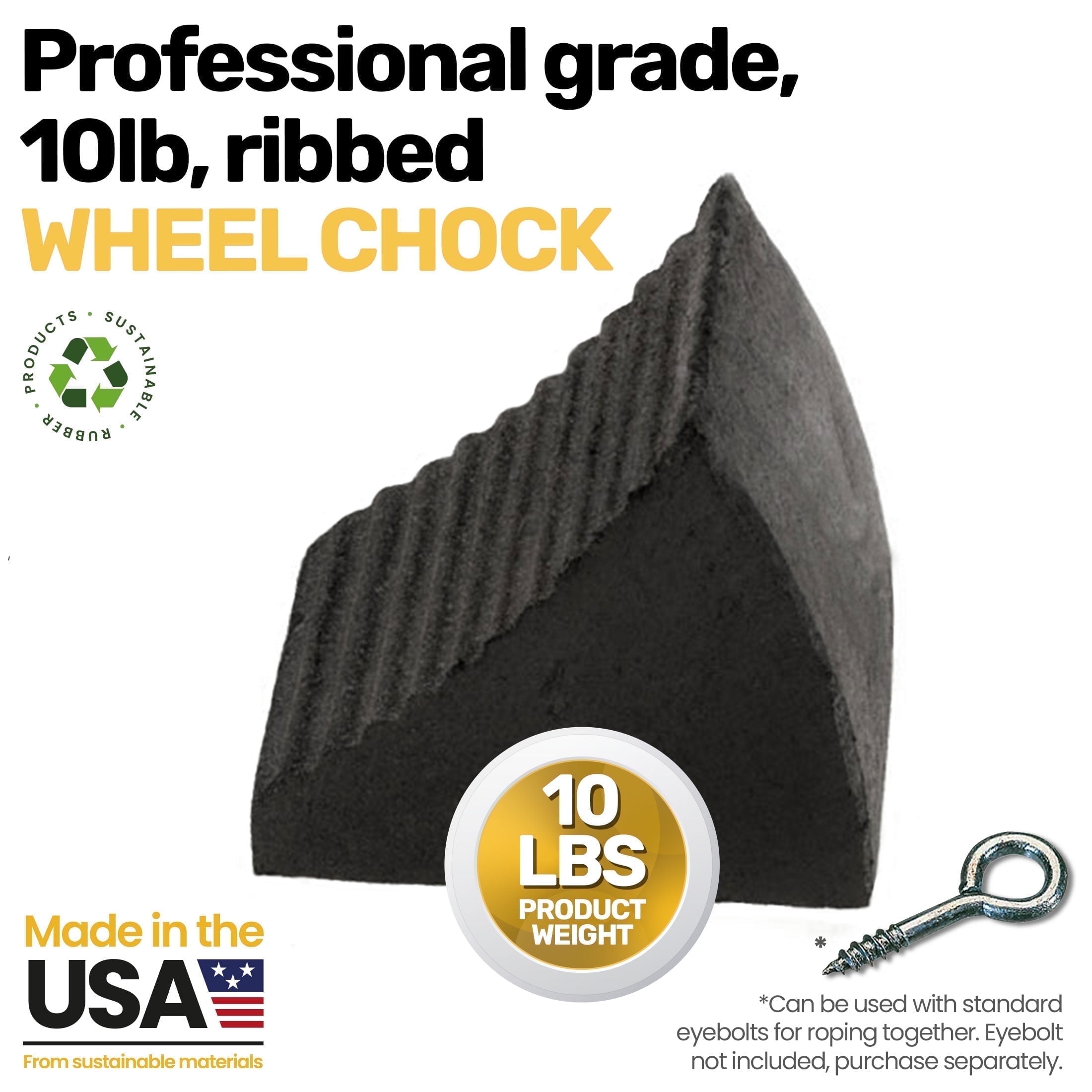 Professional Grade, Heavy Duty 10lb Ribbed Rubber Wheel Chock