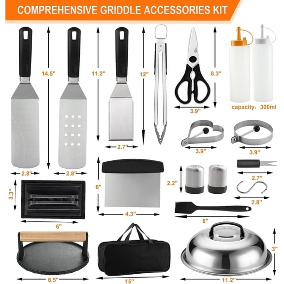Professional Griddle Accessories Kit Set with Smash Burger Press - Extra Thick Grill Spatula, Turner, Flipper - 38PCS Flat Top Grill Tools Kit for Outdoor Barbecue Teppanyaki Camping Cooking