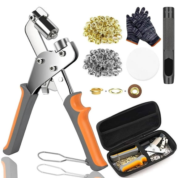 Professional Grommets Kit, Heavy-Duty Grommet Puncher Tool,Eyelet Plier Set with 3/8 in 10mm Grommets, Handheld Metal Grommets Kit for Fabric Tarps Leather (Tool+200Grommets(100Gold, 100Silver))