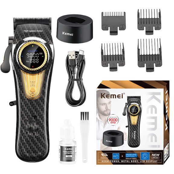 Professional Hair Clipper – DLC Coated R-Angle Blade, 9000 RPM Brushless Motor, 2000mAh Battery, LCD Display, Corded & Cordless with Charging Base for Barbershop and Home Use