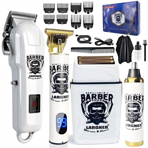 LARGNER 4-in-1 Professional Barber Hair Clippers for Men, Cordless Haircut & Grooming Kit with Zero-Gapped T-Blade, Foil Shaver & Nose Trimmer, LED Display, Gift for Him, White, 20-Piece
