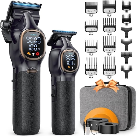 Professional Hair Clippers for Men, Professional Barber Clippers and Trimmer Set, Cordless Hair Clippers for Hair with Package Case, 9000 PRM Rechargable Electric (Black)
