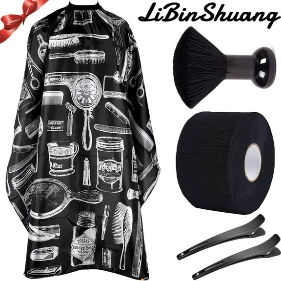 Professional Hair Cutting Cape Barber Cape with Neck Duster Brush, Neck Paper Roll, Hair Clips, Adjustable Salon Barber Cape for Men Women (Black)