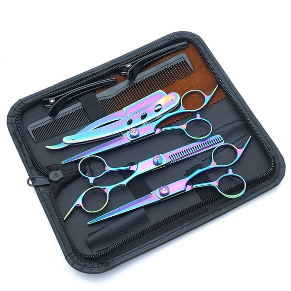 Professional Hair Cutting & Thinning Scissors Set - Rainbow Titanium Coated Stainless Steel Barber Shears Kit with Case for Salon & Home Use