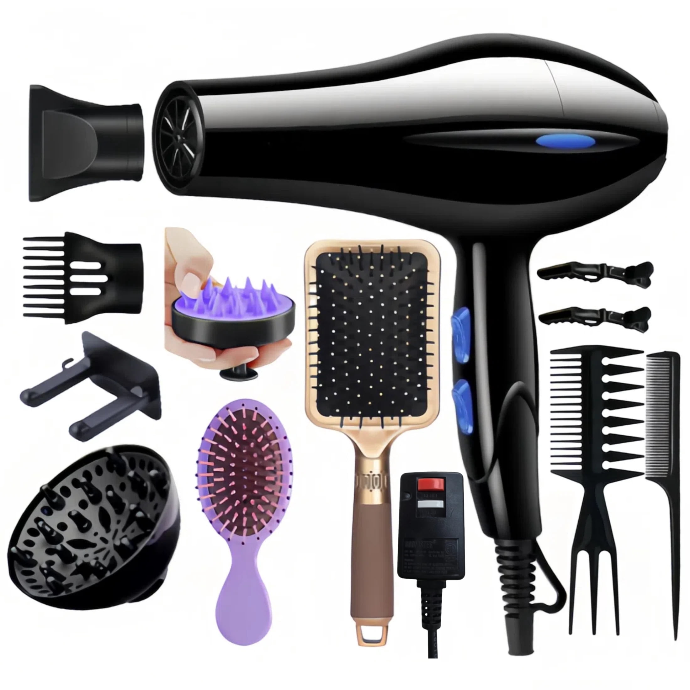 Professional Hair Dryer with 11 Styling Attachments， For Home and Travel, Gift-Ready, Unisex Fast Drying and Hair Care,Black