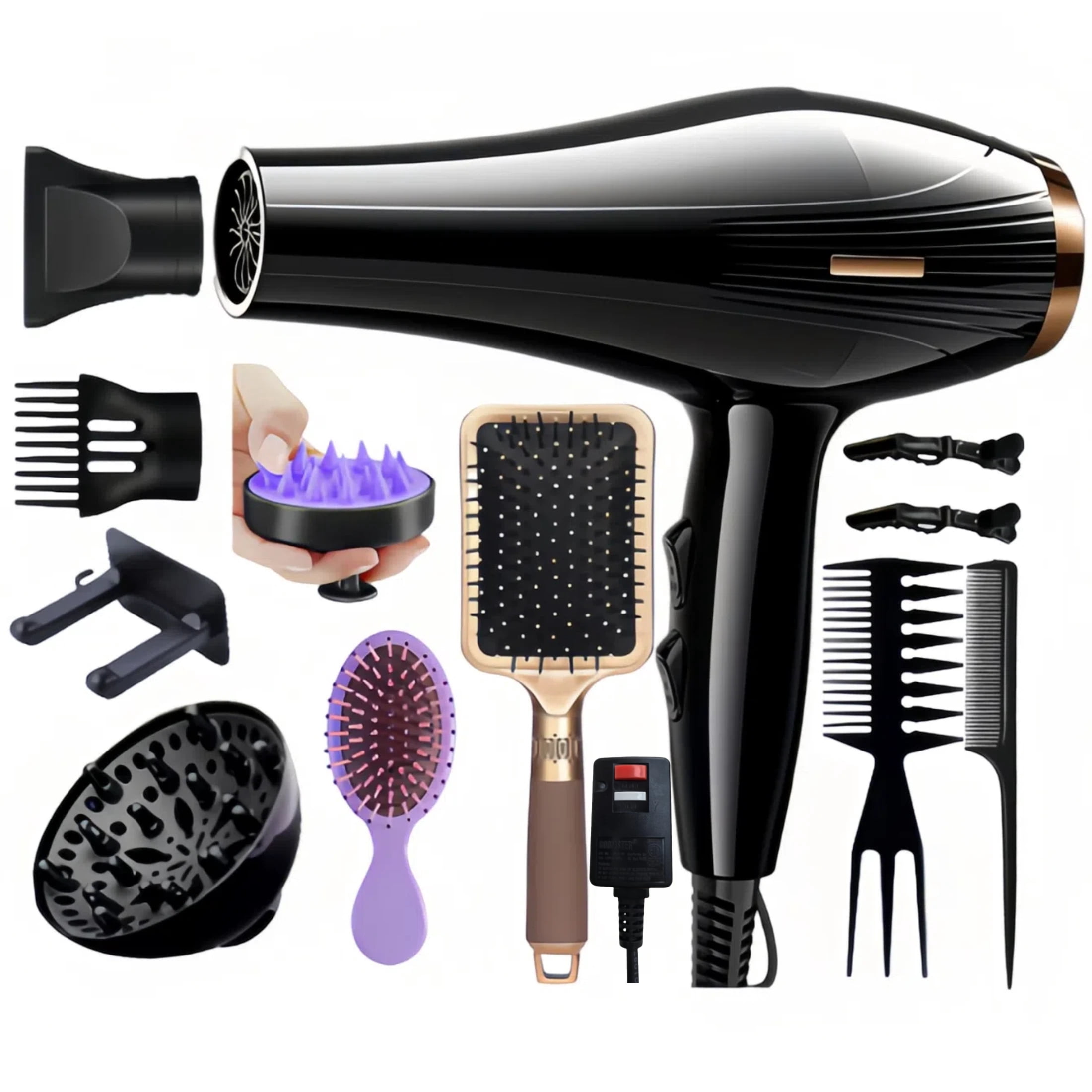 Professional Hair Dryer with 11 Styling Attachments， For Home and Travel, Gift-Ready, Unisex Fast Drying and Hair Care,Black