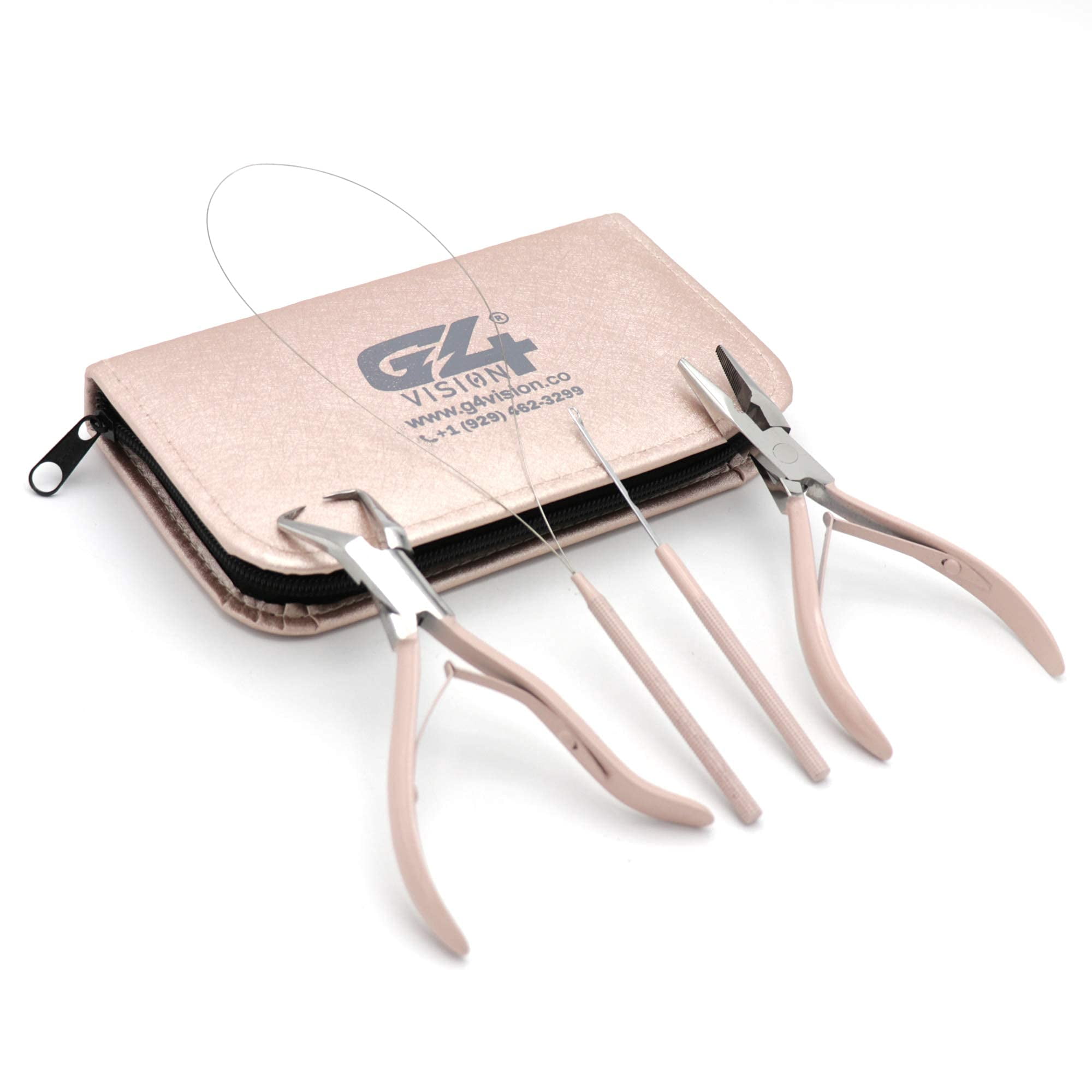 Professional Hair Extension & Beading Tool Kit Plier Set for beads (4 Piece) Micro Ring (Tea Pink)…
