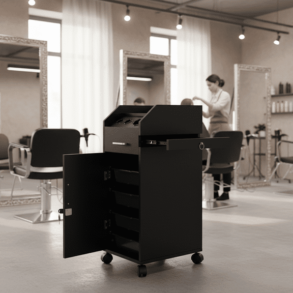 Professional Hair Salon Storage Cart with Wheels, 3 Hair Dryer Holders & 4 Drawers, Mobile Stylist Station Makeup Case with Lock and Keys for Salon Organization Home Use, Black