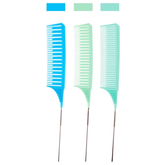 Professional Hair Styling Tailed Comb Set for Highlighting Balayage Coloring Sectioning and Microbraiding with Stainless Steel Handle 3 Pieces 10 inches / 25.4 cm Blue and Cyan